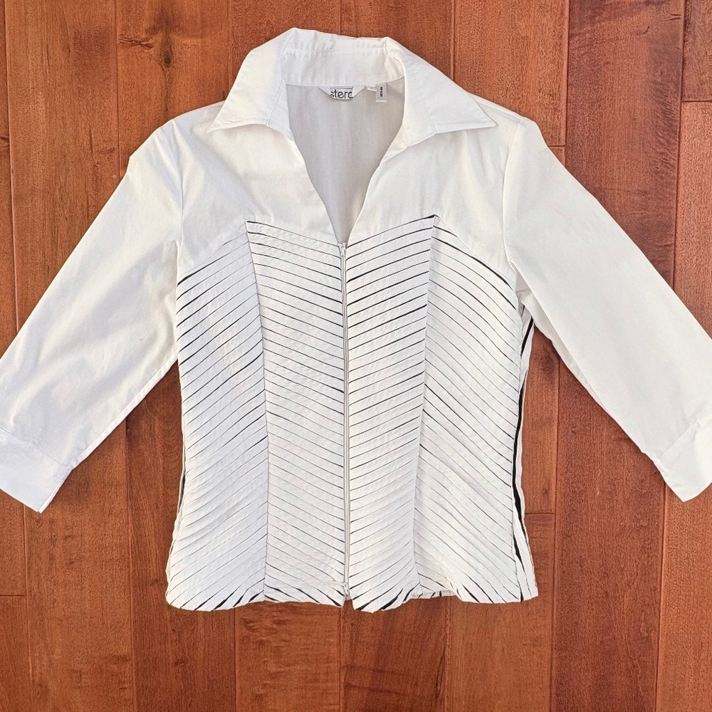 SterA Zip Front Pleated Striped‎ Blazer Jacket, Womens S White